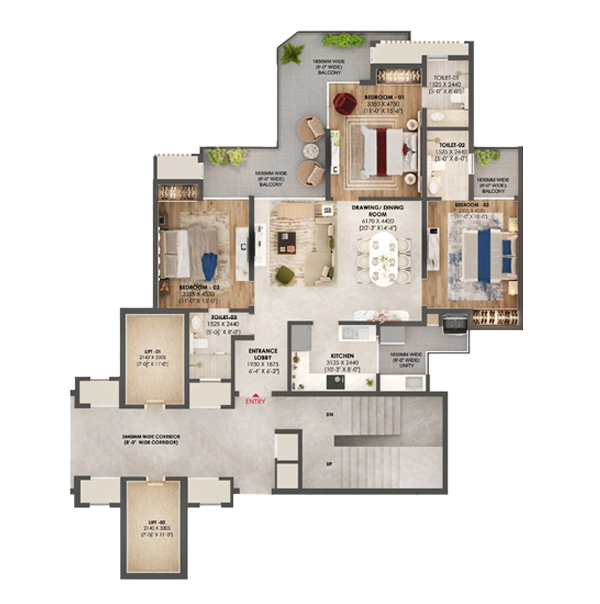 3 BHK + 3T